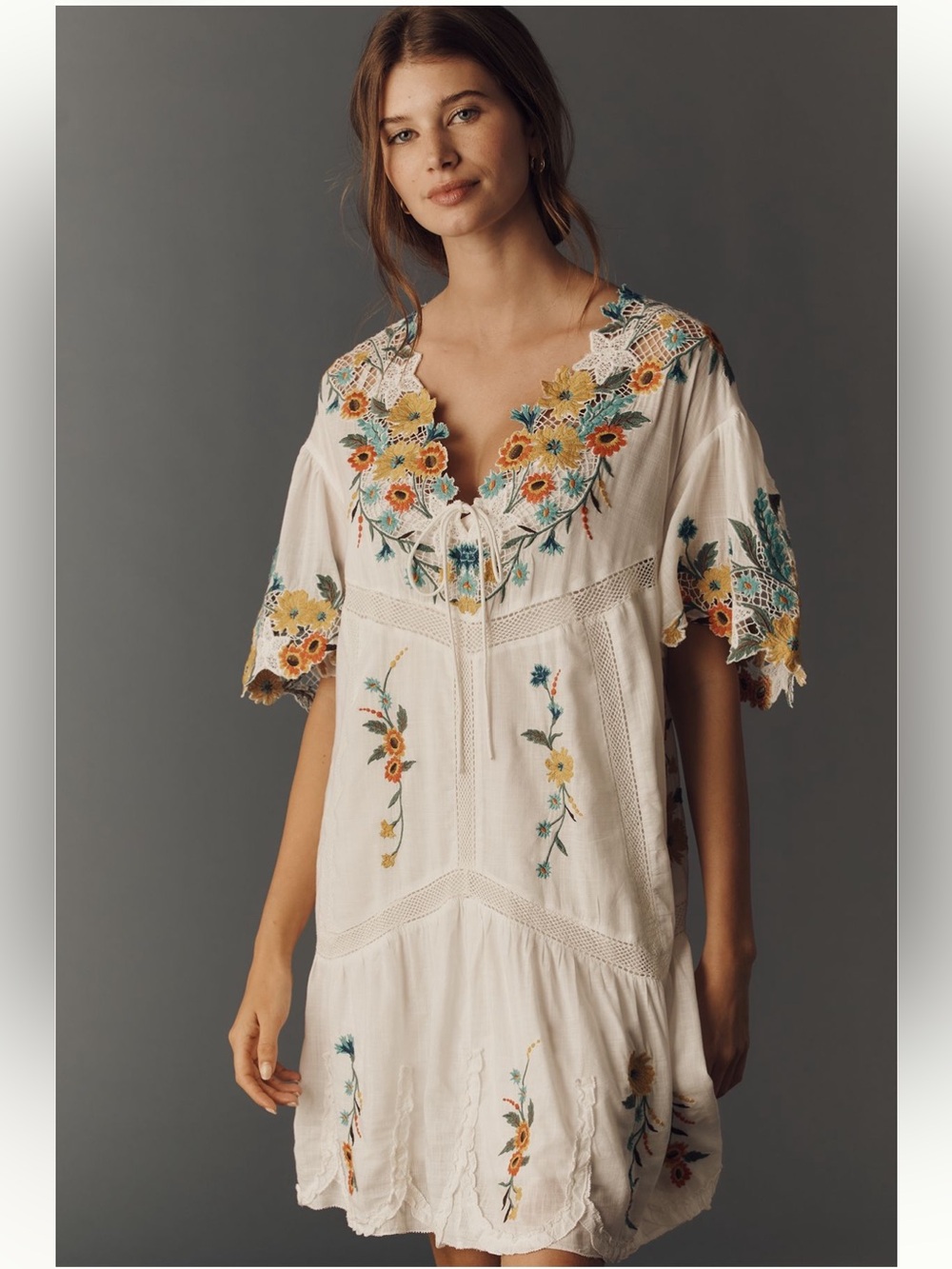 By Anthropologie Short-Sleeve Embroidered Mini Swing Dress Size Medium